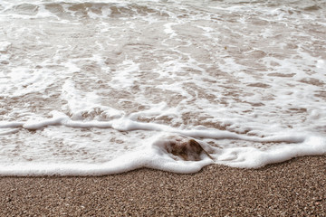 Waves crashing on rocks on  beach. Scenic seascape. Beautiful surf at seaside. Splashing waves with foam. Travel and vacation on shore. Rocky coastline. Nature power.