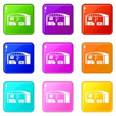Warehouse for loading icons set 9 color collection isolated on white for any design