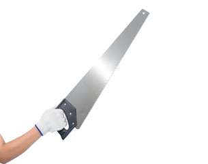 Woman worker hand Wear gloves holding saw isolated on white backround
