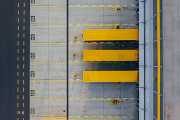 Aerial view of the distribution center, drone photography of the industrial logistic zone.