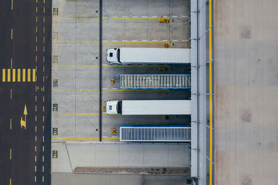Aerial view of the distribution center, drone photography of the industrial logistic zone.