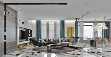 Modern living room - Perspective Sofa and dinning set / 3d render 