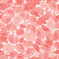 Fototapeta na wymiar Vector coral pink repeat pattern with variety of overlaping seashells. Perfect for fabric, scrapbooking, wallpaper projects.