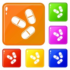 Three pills icons set collection vector 6 color isolated on white background