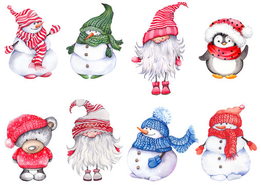 Set of Christmas cartoon characters, wearing knitted hats, scarves and mittens. Cute snowmen, teddy bear, penguin and scandinavian dwarf. Watercolor isolated on white background.