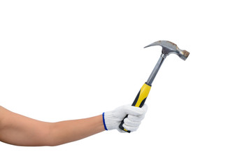 asian woman worker with protective gloves hand holding hammer isolated on white