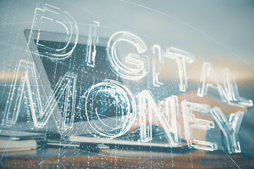 Blockchain theme hud with businessman working on computer on background. Concept of crypto chain. Double exposure.