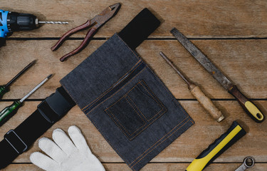 old instruments constructor or renovation for build and repair house on wooden background