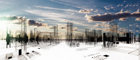 Diseño arquitectónico de la ciudad moderna en 3d. Fondo de arquitectura abstracta y edificios. Construcción e ingeniería