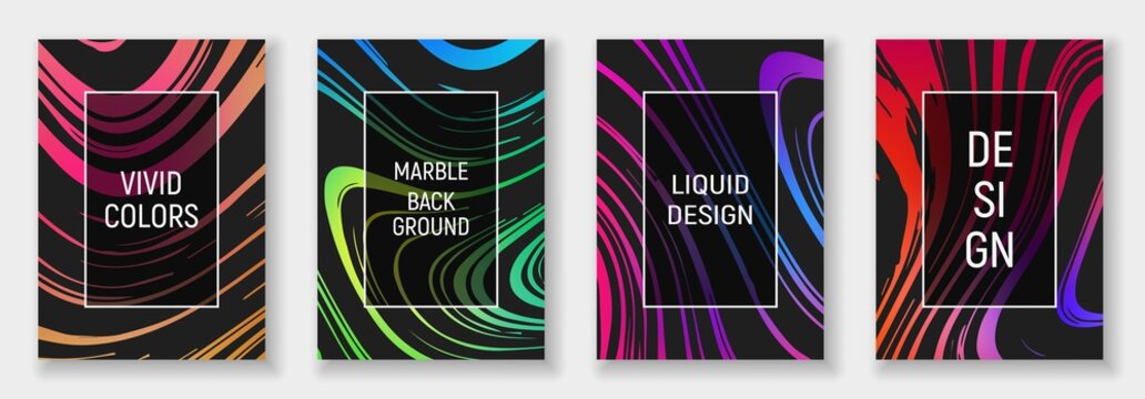 A4 abstract liquid marble illustration set. Vivid colors on black background. Vector design layout for banners presentations, flyers, posters and invitations.