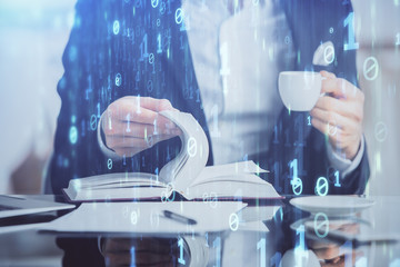 Human hands with tech theme double exposure drawings.