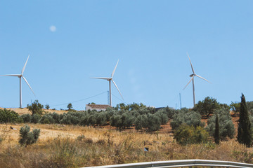wind power plant windmill energy electricity on the yellow hills soft selective focus