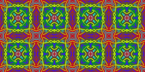 Seamless endless repeating bright ornament of multi-colored geometric shapes