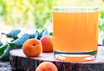 Fresh apricot juice and apricots on a table against the background of nature.