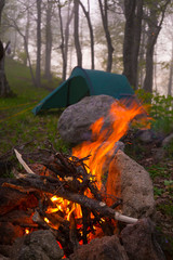 Mountain summer. Bonfire in forest, tent