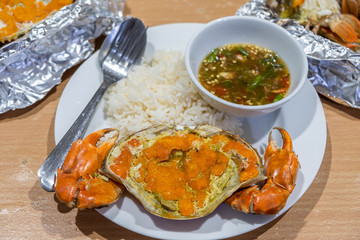 crab and egg, rice, baked in foil.