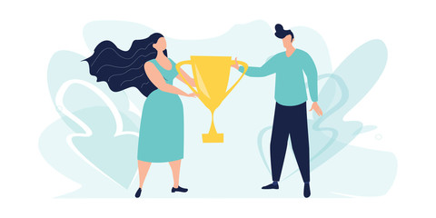 Business goal achievement vector concept, flat style. Winner stand with a golden cup in hands. Successful teamwork. First place, number one. Best score winner prize.