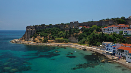 Aerial drone photo of iconic medieval castle and small picturesque village of Koroni, Messinia, Peloponnese, Greece