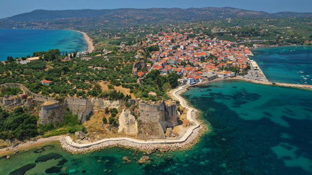 Aerial drone photo of iconic medieval castle and small picturesque village of Koroni, Messinia, Peloponnese, Greece