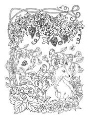 Vector illustration zentangl. Chanterelle sits under a vine in a clearing among flowers and mushrooms. Coloring book. Antistress for adults and children. Work done in manual mode. Black and white.