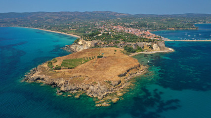 Obraz premium Aerial drone photo of iconic medieval castle and small picturesque village of Koroni, Messinia, Peloponnese, Greece