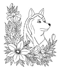 Vector illustration zentangl. The wolf looks out from under the flowers. Coloring book. Antistress for adults and children. Black and white.
