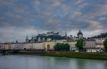 View of the Salzach river  and the old town of Salzburg in Austria