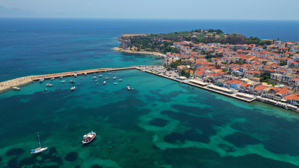 Aerial drone photo of iconic medieval castle and small picturesque village of Koroni, Messinia, Peloponnese, Greece