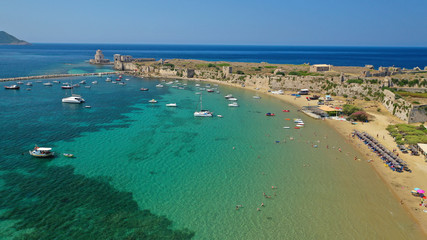 Aerial drone panoramic view of iconic Venetian castle of Methoni and Bourtzi tower on the southwest cape of Messinia, Peloponnese, Greece
