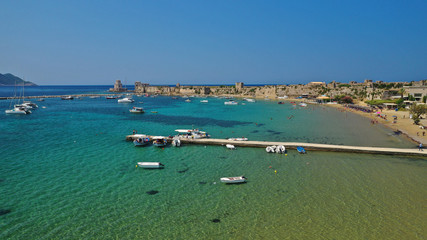 Obraz premium Aerial drone panoramic view of iconic Venetian castle of Methoni and Bourtzi tower on the southwest cape of Messinia, Peloponnese, Greece