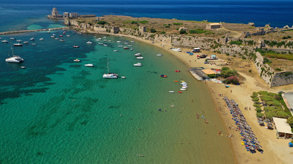 Fototapeta na wymiar Aerial drone panoramic view of iconic Venetian castle of Methoni and Bourtzi tower on the southwest cape of Messinia, Peloponnese, Greece
