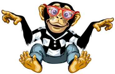 cartoon chimp ape or chimpanzee monkey wearing glasses and smiling cheerful with a big smile. Positive and happy emotion. Sitting pose. Front view. Isolated vector illustration