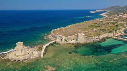 Naklejka premium Aerial drone panoramic view of iconic Venetian castle of Methoni and Bourtzi tower on the southwest cape of Messinia, Peloponnese, Greece