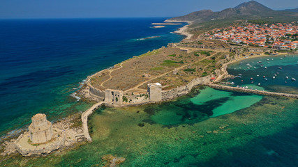 Naklejka na ściany i meble Aerial drone panoramic view of iconic Venetian castle of Methoni and Bourtzi tower on the southwest cape of Messinia, Peloponnese, Greece