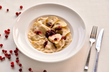 dumplings ready in a white plate with berries