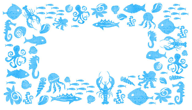 Silhouettes of fish, a seahorse, jellyfish, mussels, crayfish, octopuses on a white background.