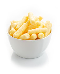 Romanian pufuleti made from corn in white bowl isolated on white background