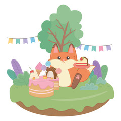 Obraz na płótnie Canvas Kawaii fox with happy birthday cake design