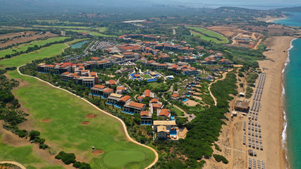Aerial drone photo of famous sandy deep turquoise and blue exotic beach of Navarino in Messinia, Peloponnese, Greece