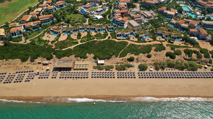 Aerial drone photo of famous sandy deep turquoise and blue exotic beach of Navarino in Messinia, Peloponnese, Greece