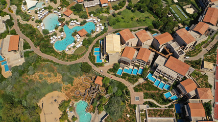 Aerial drone photo of famous sandy deep turquoise and blue exotic beach of Navarino in Messinia, Peloponnese, Greece