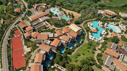 Aerial drone photo of famous sandy deep turquoise and blue exotic beach of Navarino in Messinia, Peloponnese, Greece