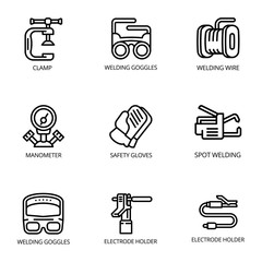 Welding icon set. Outline set of 9 welding vector icons for web design isolated on white background