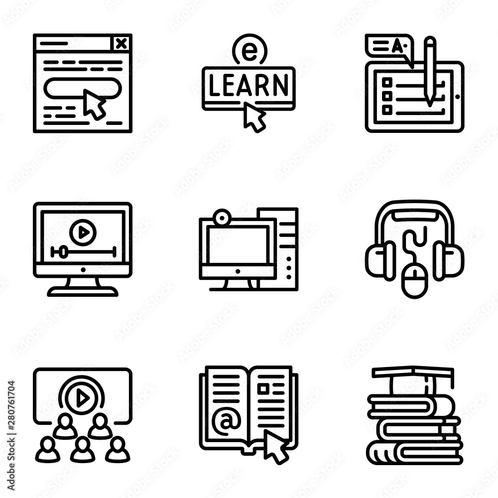 Poster online library icon set. outline set of 9 online library vector icons for web design isolated on whi