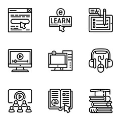 Online library icon set. Outline set of 9 online library vector icons for web design isolated on white background