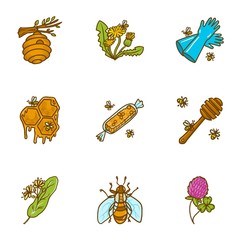 Natural honey icon set. Hand drawn set of 9 natural honey vector icons for web design isolated on white background