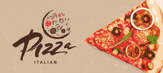 Hand drawn logotype of pizza. Italian pizza made with passion, love. Cooking vector editable template. Cover, label, background, layout, menu, packaging, logo