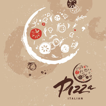 Italian pizza made with passion, love. Cooking vector editable template with national italian symbols, food. Logotype of pizza. Hand drawn. Cover, label, background, layout, menu, packaging, logo