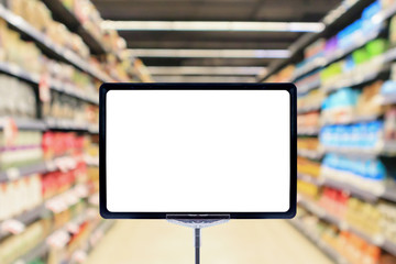 Mock up blank price board poster sign display with supermarket aisle abstract background