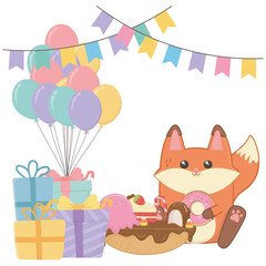 Obraz na płótnie Canvas Kawaii fox with happy birthday cake design